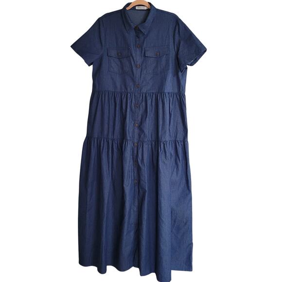 MISSLOOK Women's 3XL Chambray Button Front Tiered Short Sleeve Dress - Picture 3 of 5
